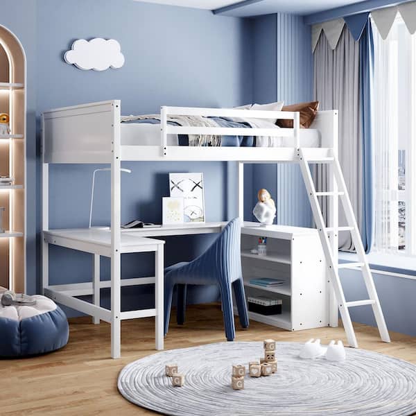 Harper & Bright Designs White Full Size Wooden Loft Bed with Built-in Desk and Shelves