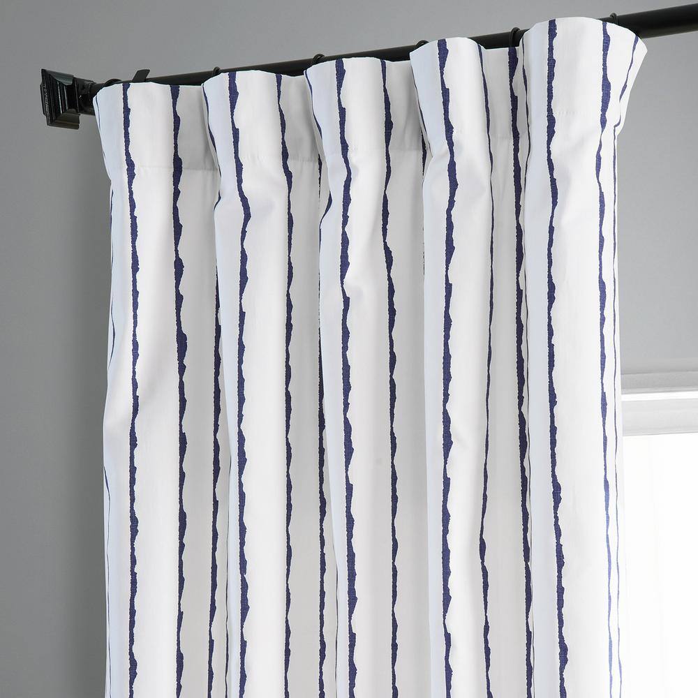 Sharkskin Blue and White Striped Cotton Room Darkening Curtain Panel