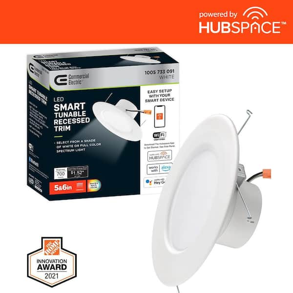 Commercial Electric 5 in./6 in. T20 Smart Adjustable CCT Integrated LED Recessed Light Trim Powered by Hubspace New Construction Remodel