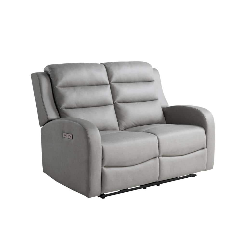 Gray Faux Leather Channel Tufted Reclining Loveseat with Acacia Wood