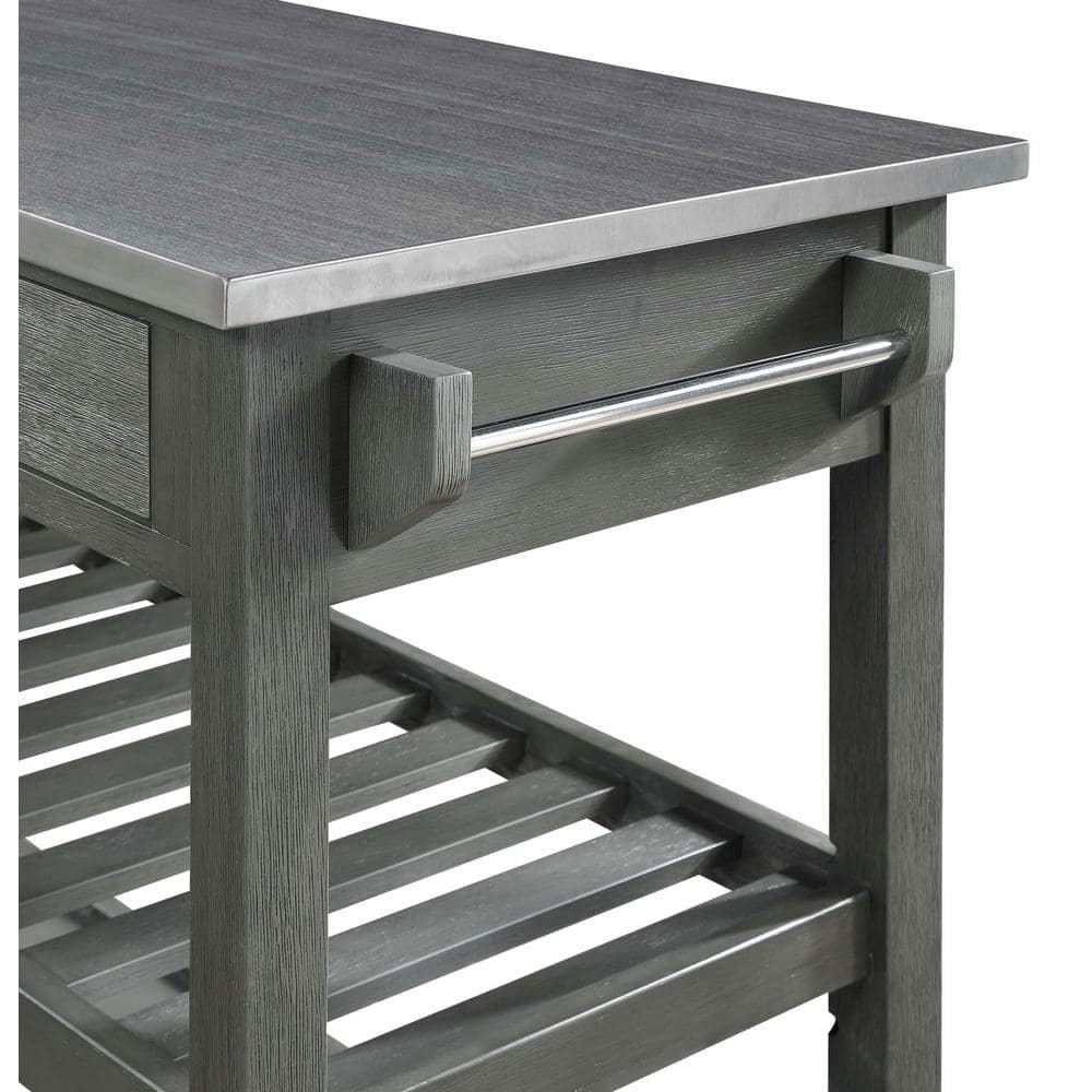 Wirebrush Dark Gray Stainless Steel Kitchen Cart with Wine Rack