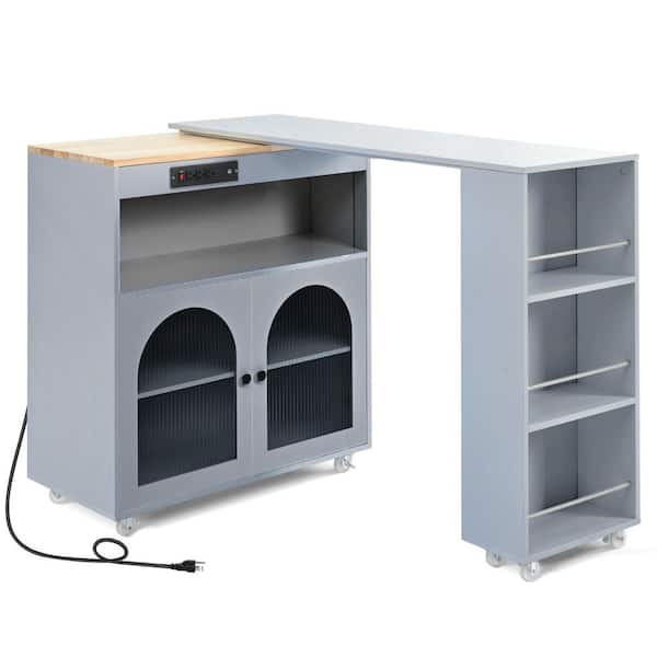 HMMHVV Grey Wood 56.3 in. Tabletop Rolling Kitchen Island with Extended Table and Power Outlets, Storage Kitchen Cart on Wheels