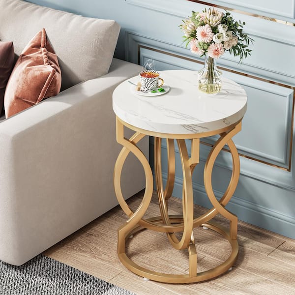 Calvin 19.69'' White Gold Round Coffee End Side Table Set of 2 Faux Marble Bedside Nightstand Ring-Shape Pedestal 2 pcs