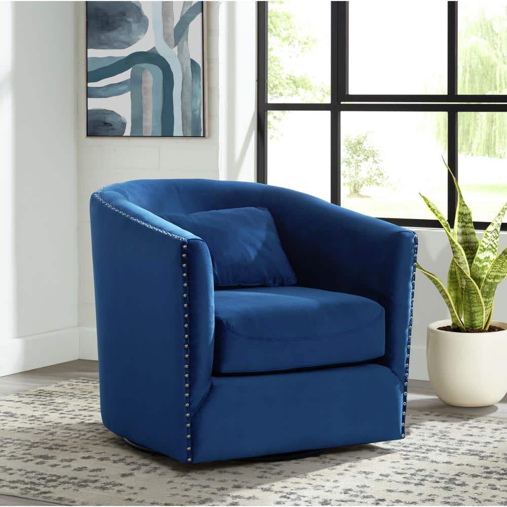 Navy Velvet Swivel Accent Chair with Wood Base