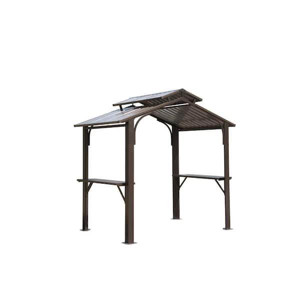 8 ft. x 5 ft. Brown Hardtop Grill Gazebo with Galvanized Steel Double Roof, 2 Side Shelves and Ceiling Hook