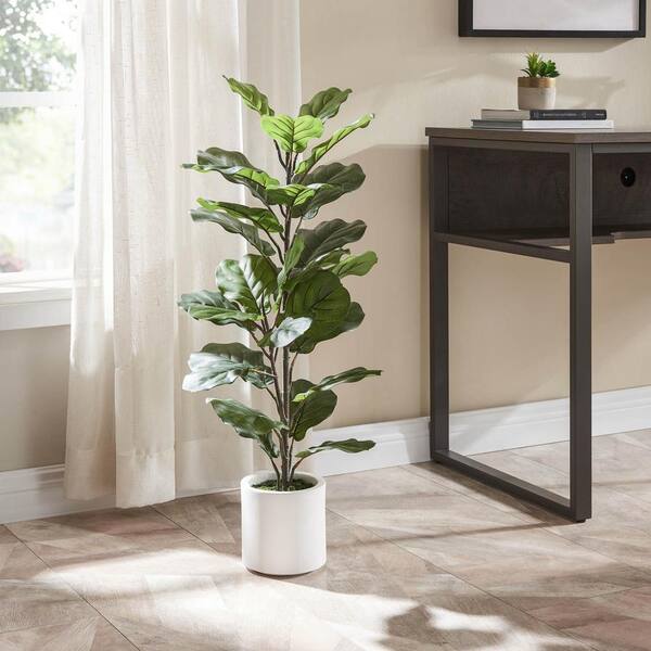 Compact 32 In. White Artificial Fiddle Leaf Tree In Fiberglass Pot 10249