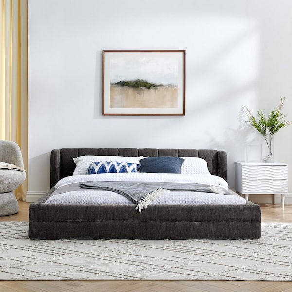 Modern Dark Gray Wood Frame Queen Chenille Upholstered Platform Bed with Headboard