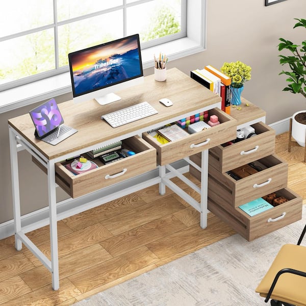 Moronia 51 in. Retangular Brown White Computer Desk 5-Storage Drawers Home Office Study Writing Table Reversible Cabinet
