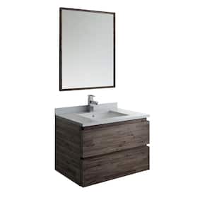 Formosa 30 in. Modern Wall Hung Vanity in Warm Gray with Quartz Stone Vanity Top in White with White Basin and Mirror