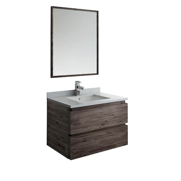 Fresca Formosa 30 in. Modern Wall Hung Vanity in Warm Gray with Quartz Stone Vanity Top in White with White Basin and Mirror