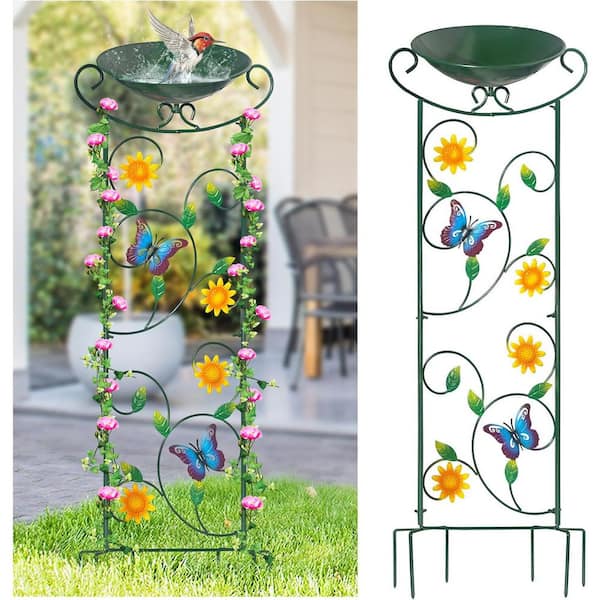 35 Inch Garden Iron Plant Trellis with Decorative Butterflies Detachable Bird Bowl Metal Potted Plants Support