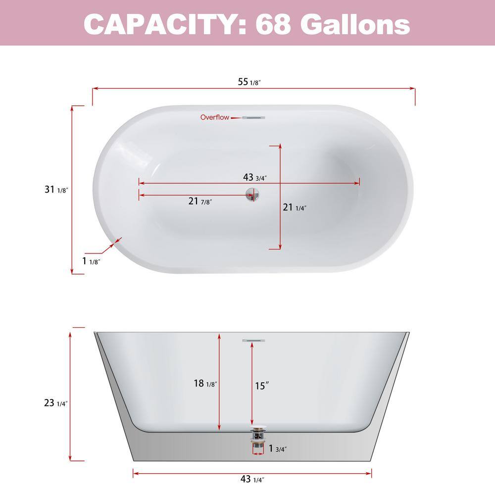 55'' White Freestanding Acrylic Soaking Bathtub