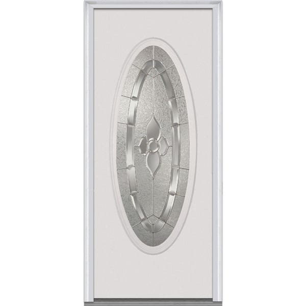 Milliken Millwork 30 in. x 80 in. Master Nouveau Left Hand Oval Lite Decorative Classic Primed Fiberglass Smooth Prehung Front Door