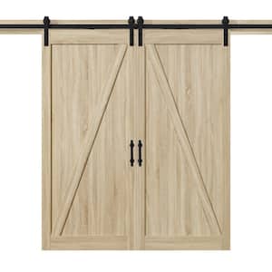 Cornwall 36 in. x 84 in. Textured French Oak Double Barn Door with Solid Core and U-Shape Soft Close Hardware Kit