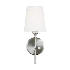 Baker 5.5 in. 1-Light Brushed Nickel Wall Sconce With White Linen Fabric Shade