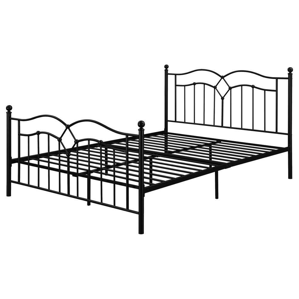 Black Metal Queen Platform Bed with Upholstered Headboard