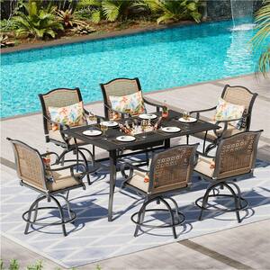 7-Piece Metal Patio Outdoor Dining Set with Integrated Beverage Bin Large Table, 6 Swivel Patio Chairs, Beige Cushions
