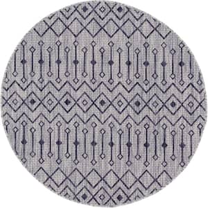 Gray/Charcoal Tribal Trellis Outdoor 4 ft. Round Area Rug