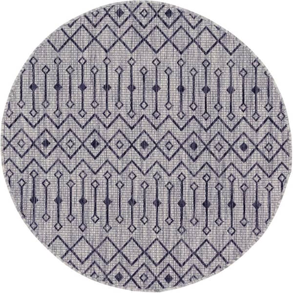 Unique Loom Gray/Charcoal Tribal Trellis Outdoor 4 ft. Round Area Rug