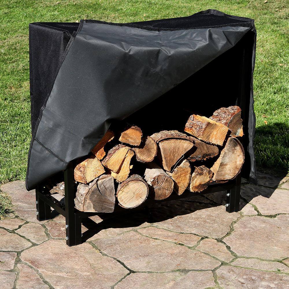 Black Steel Indoor/Outdoor Firewood Log Rack with Protective Cover