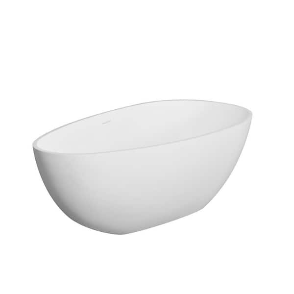 66.9 in. x 34 in. Residential Freestanding Soaking Oval Bathtub with Center Drain in White Stone Resin