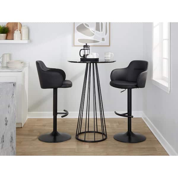 LumiSource Boyne 33 in. Black Faux Leather and Black Metal Adjustable Bar Stool with Rounded T Footrest (Set of 2)