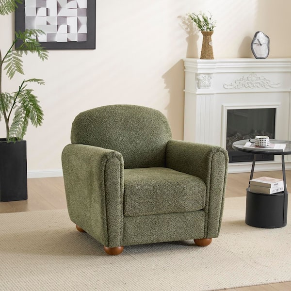 Olive Green Boucle Upholstered Club Chair Accent Chair with Spherical Rubber Wood Legs
