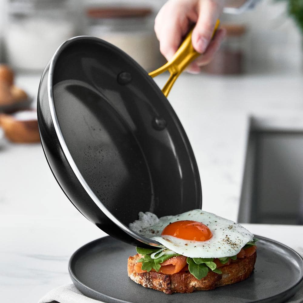 Black Ceramic Nonstick Aluminum Frying Pan with Gold Handle