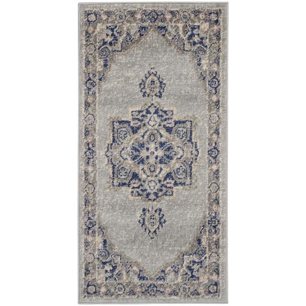 Tranquil Grey/Navy 2 ft. x 4 ft. Center medallion Traditional Kitchen Runner Area Rug