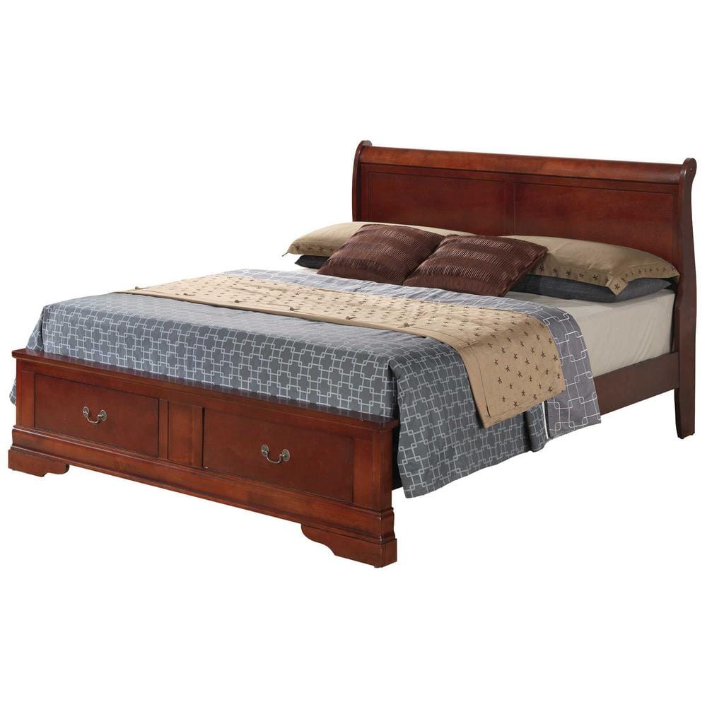 AndMakers Louis Philippe Cherry Queen Storage Sleigh Wood Bed, Red -  PF-G3100D-QSB2
