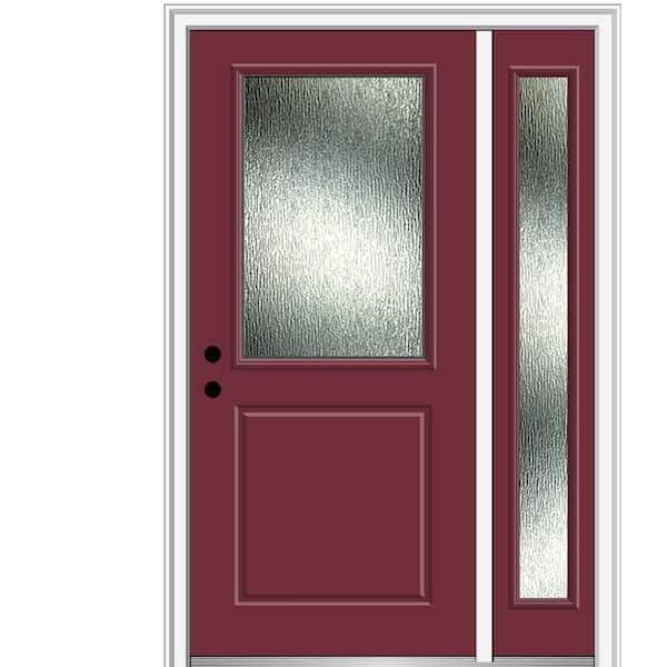 MMI Door 48 in. x 80 in. Right-Hand Inswing Rain Glass Burgundy Fiberglass Prehung Front Door on 4-9/16 in. Frame