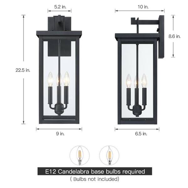 TRUE FINE Trevot 3-Light 22.5 in. Large Black Outdoor Wall Lantern