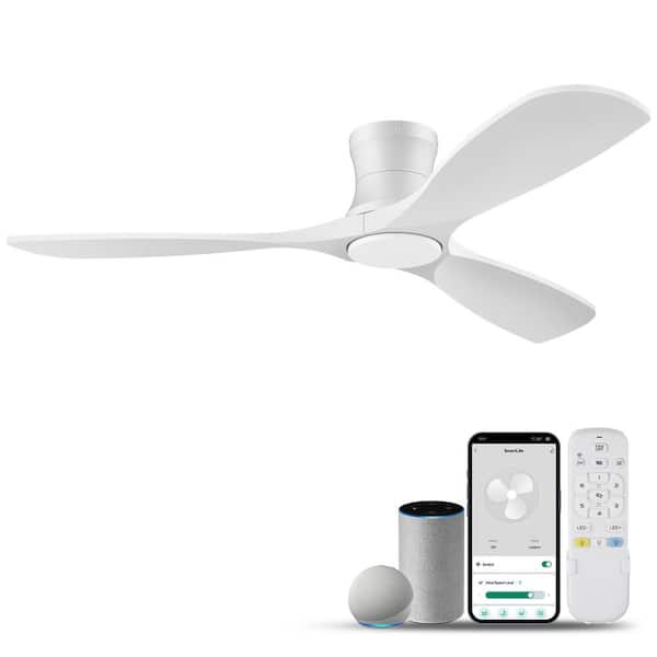 52 in. Smart Outdoor Indoor Wood White Flush Mount Ceiling Fans w/Lights Remote,WIFI Alexa App workable,Quiet DC Motor