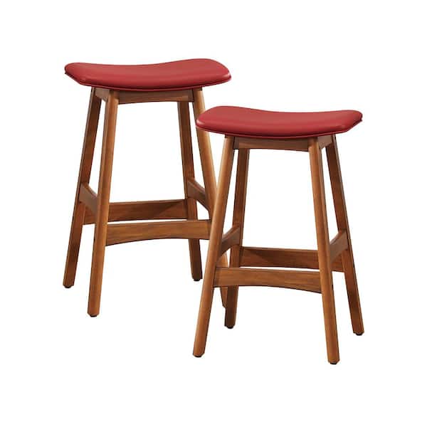 Lazzara Lillie 25.5 in. Walnut Finish Wood Counter Height Stool with Matt Red Faux Leather Seat (Set of 2)