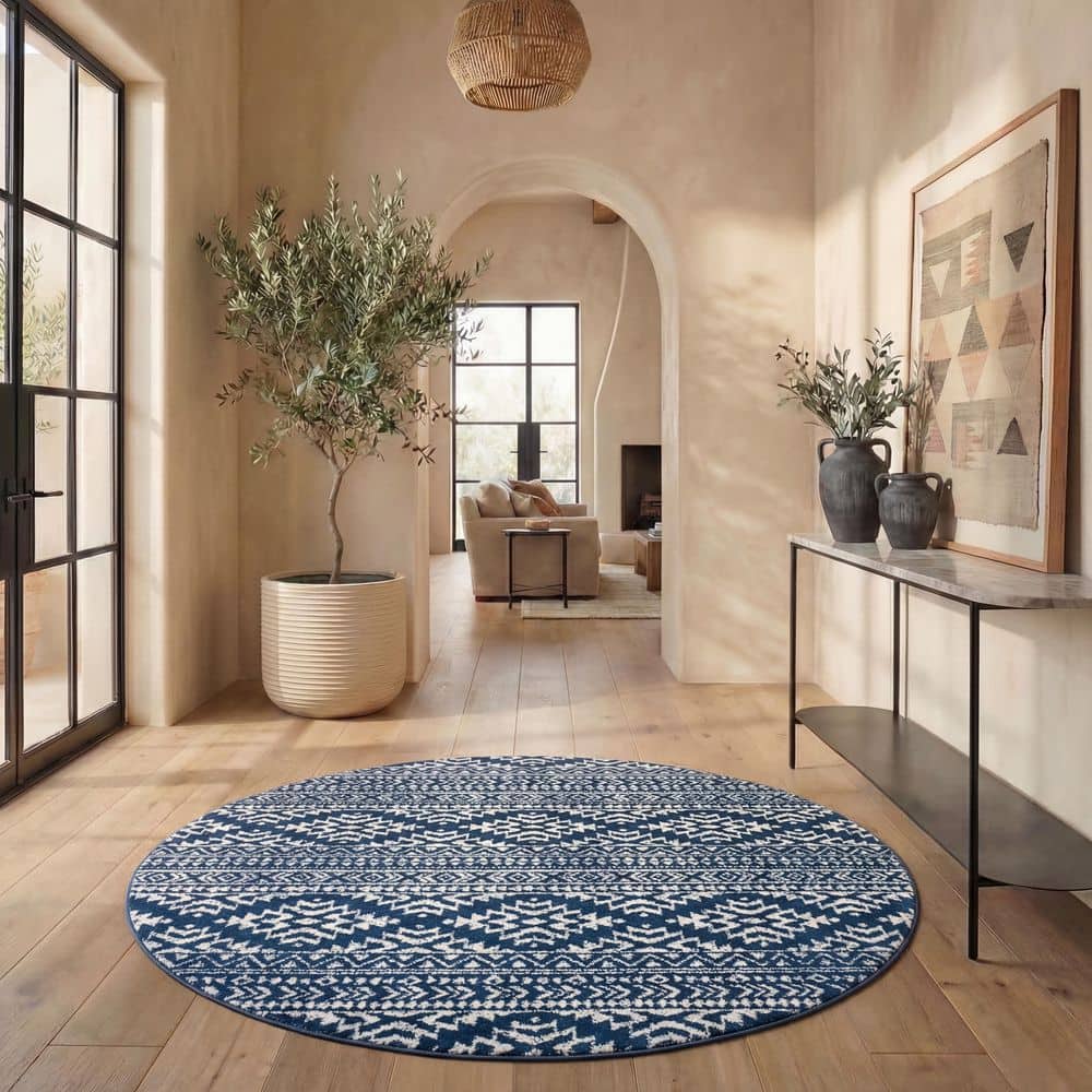 Tulum 12 ft. x 12 ft. Round Navy/Ivory Striped Tribal Geometric Area Rug price history on PriceWatchPro
