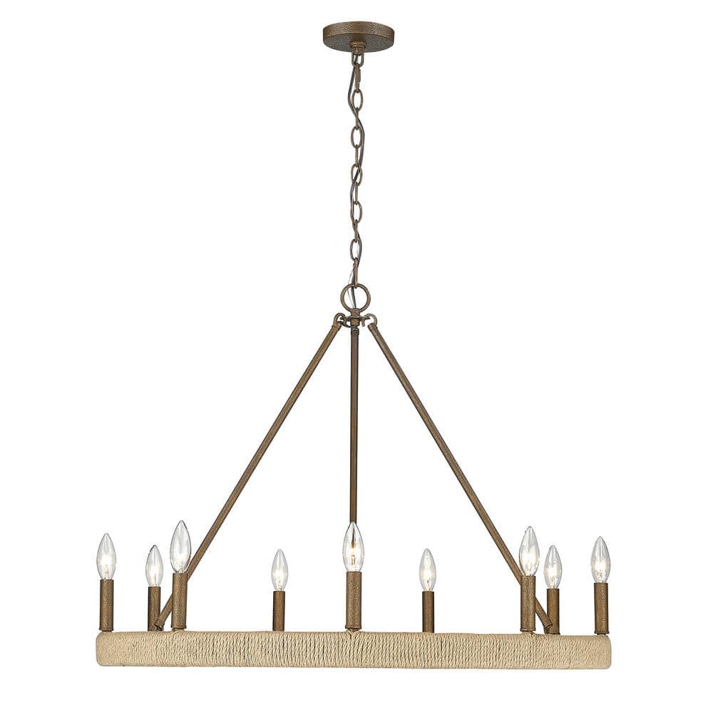 Burnished Chestnut 9-Light Bronze Candle Chandelier with Hemp Wrap