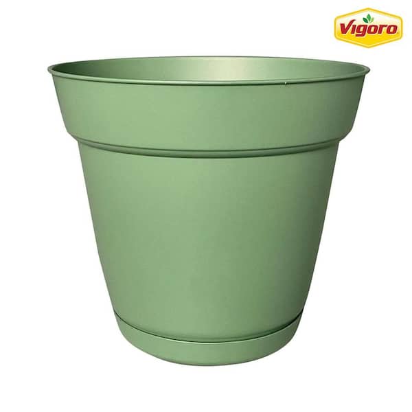 Vigoro 12 in. Bea Medium Sage Green Resin Planter (12 in. D x 10.7 in. H) With Drainage Hole and Attached Saucer
