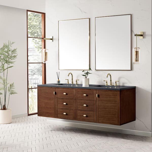 James Martin Vanities Amberly 72.0 in. W x 23.5 in. D x 34.7 in . H Bathroom Vanity in Mid-Century Walnut with Charcoal Soapstone Quartz Top