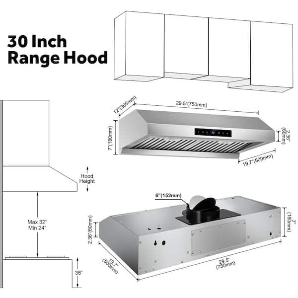 30 in. 900 CFM Stainless Steel Range Hood with 4-Speed Settings, Remote Control LED, Gesture Control, Detachable Oil Cup