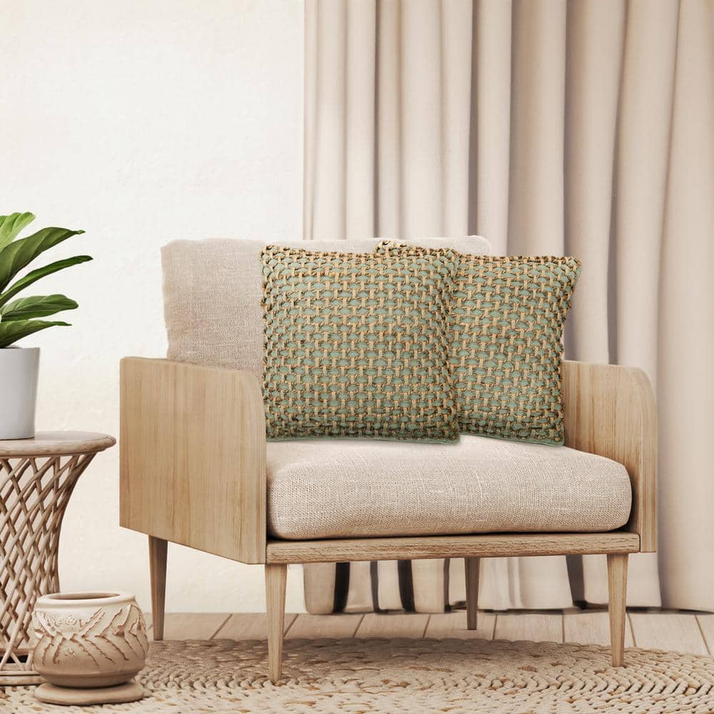 Sage Green Cotton and Jute Woven Euro Pillow Covers, 20" x 20"
