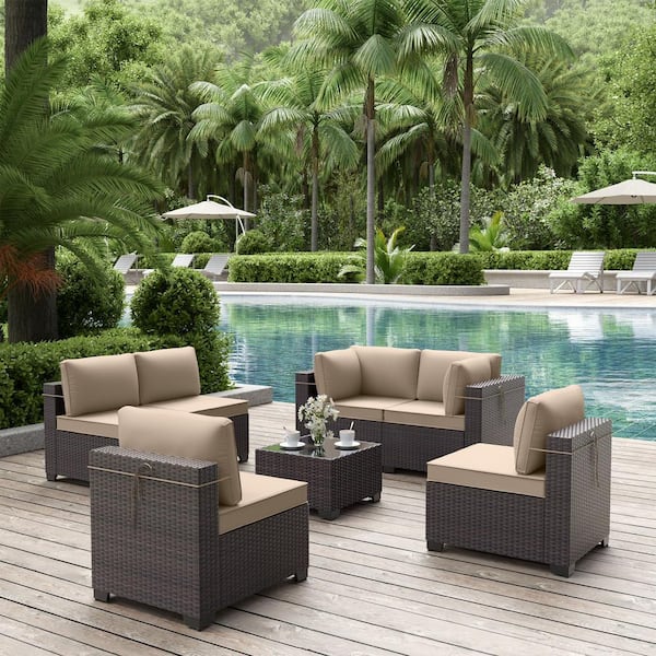 Halmuz 7-Piece Wicker Outdoor Sectional Set with Cushion Sand 7PS