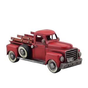 Vintage Style Iron Pickup Truck in Antique Red with Silver Rims and Fence