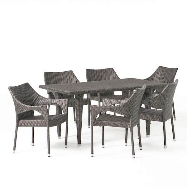 Noble House Cliff Gray 7-Piece Faux Rattan Outdoor Patio Dining Set