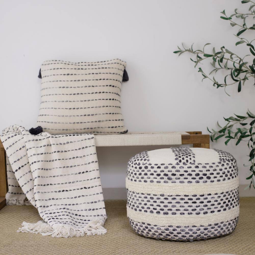 Black and Ivory Cotton Blend Tassel Throw Pillow