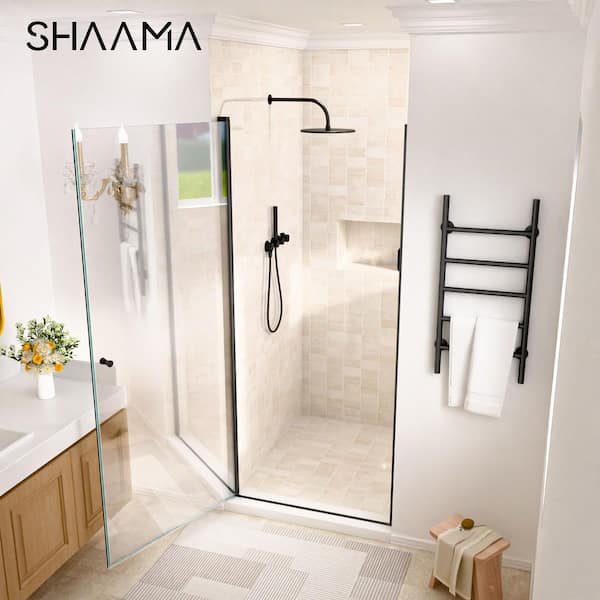 29 to 30 in. W x 72 in. H Space Saving Pivot Semi-Frameless Swing Shower Door in Black Finish with Clear Tempered Glass