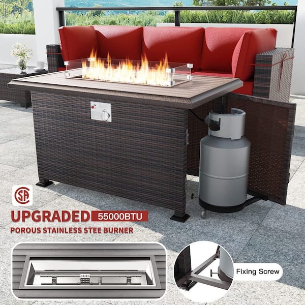 7-Piece Wicker Patio Conversation Set with 55000 BTU Gas Fire Pit Table and Glass Coffee Table and Red Cushions