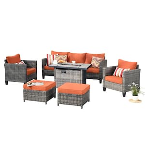 New Vultros Gray 6-Piece Wicker Patio Fire Pit Conversation Seating Set with Orange Red Cushions