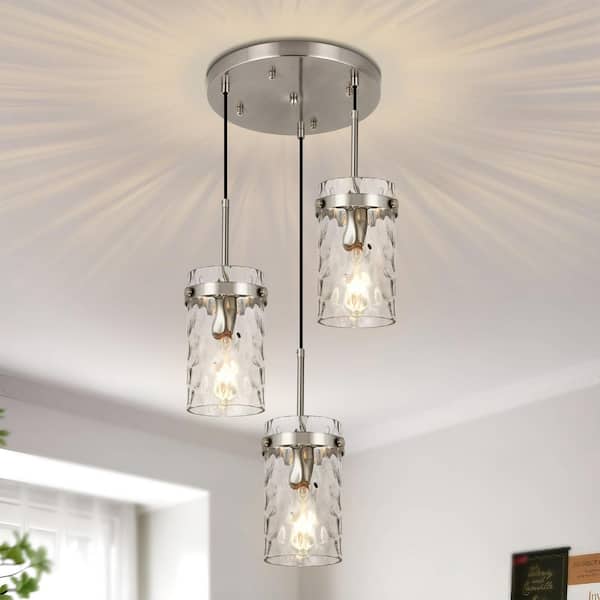 Jasslynn 3-Light Brushed Nickel Modern Pendant Light with Water Rippled Glass Shades for Bedroom and Living Room