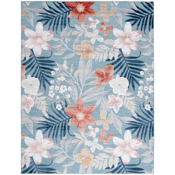 Cabana Aqua/Rust 9 ft. x 12 ft. High-Low Floral Leaf Indoor/Outdoor Area Rug