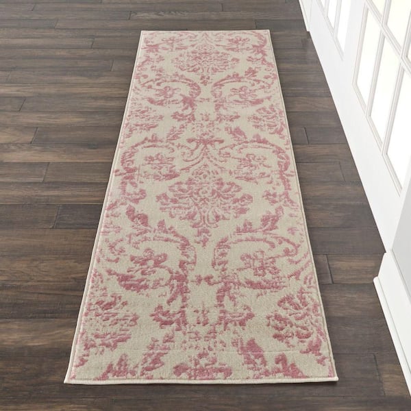 Jubilant Ivory Pink 2 ft. x 6 ft. Damask Transitional Runner Area Rug